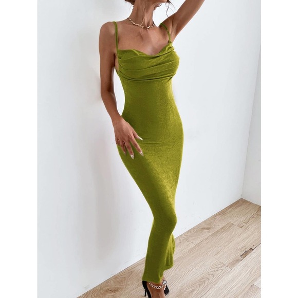 green cami strap Tie Backless Ruched cowl neck maxi Dress - Picture 8 of 9